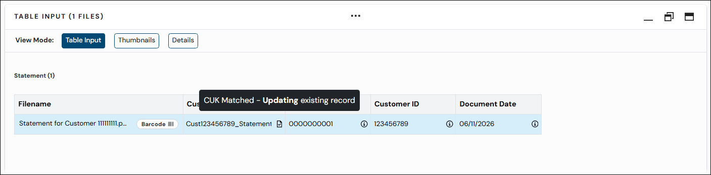 The CUK Matched popup message for an upload file